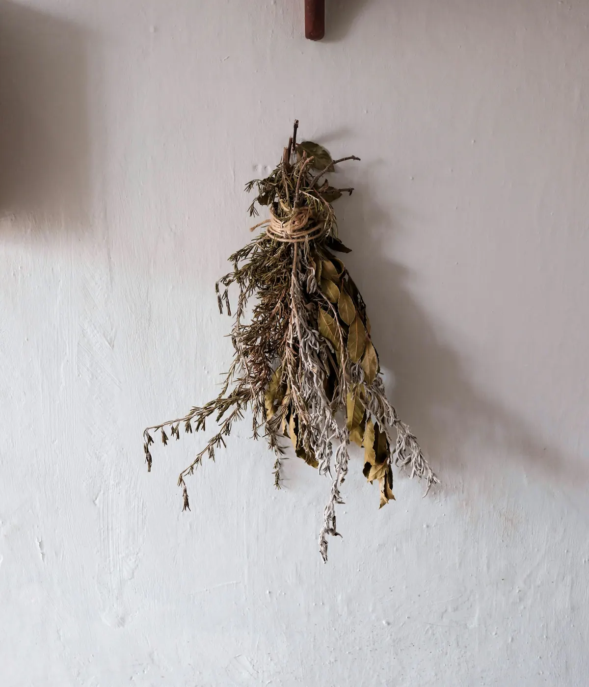 Bosje gedroogde kruiden aan de muur